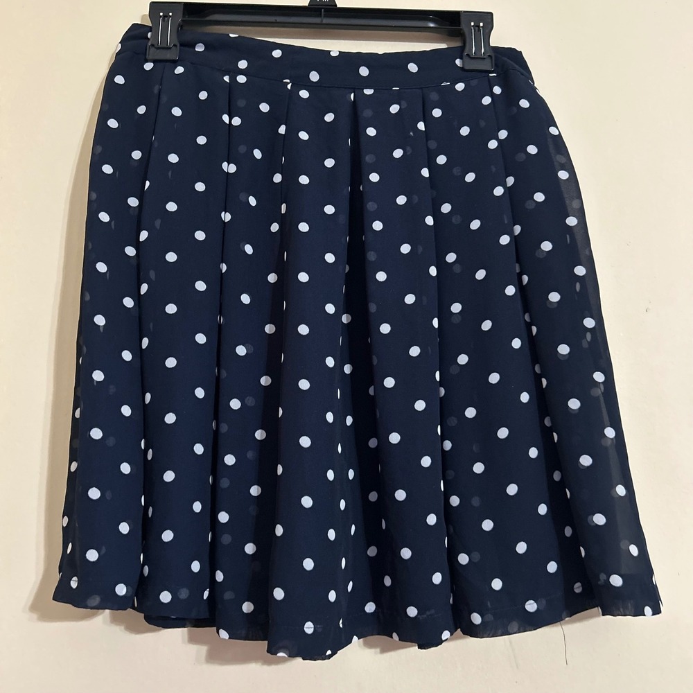 H&M Navy Blue White Polka Dot Pleated Chiffon Midi Skirt Women's Size 6